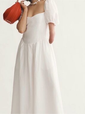 Reformation Davila Linen Midi Dress White Puff-Sleeve